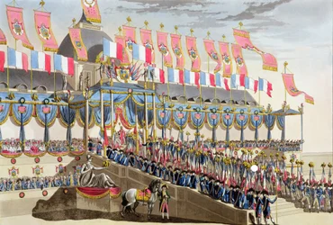 Heiliges Fest und Krönung ihrer kaiserlichen Majestäten, Ansicht der Dekorationen vor der Ecole Militaire neben dem Champ du Mars, graviert von Francois Aubertin, veröffentlicht 1806